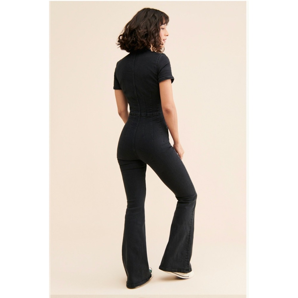 Free People We The Free Jumpsuit Small Black Denim Jayde Flare Boho Stretch Zip - Picture 10 of 11